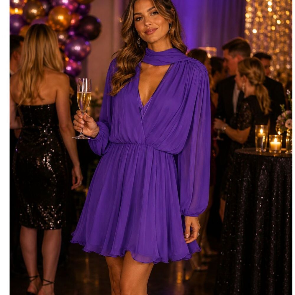 Wayne Clark Purple Chiffon Shift dress Sz M Vintage 80's Sheer overlay LIned